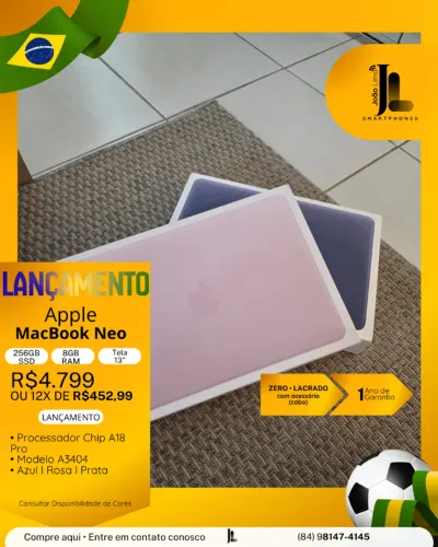 MACBOOK NEO, 256GB, 8GB RAM, TELA 13 POL., LACRADO, LANÇAMENTO!