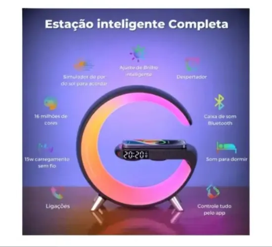 Luminária G/carregador indução/caixa som Bluetooth/religio/FM/luzes Rgb