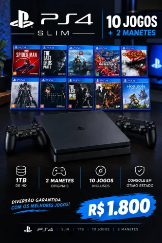 PS4 Slim 1TB + 10 Jogos + 2 Manetes + mídia física