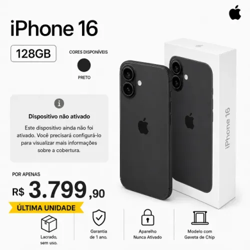 Apple iPhone 16 6,3" 128GB Preto Novo Nunca Ativado Garantia 1 Ano Open Box