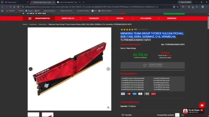 Memoria Team Group T-Force Vulcan Pichau, 8GB (1x8), DDR4, 3200MHz, C16, Vermelha