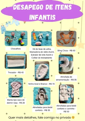 Chocalho, mamadeira, extrator de leite, sling, trocador, ninho, almofada amamentação, etc