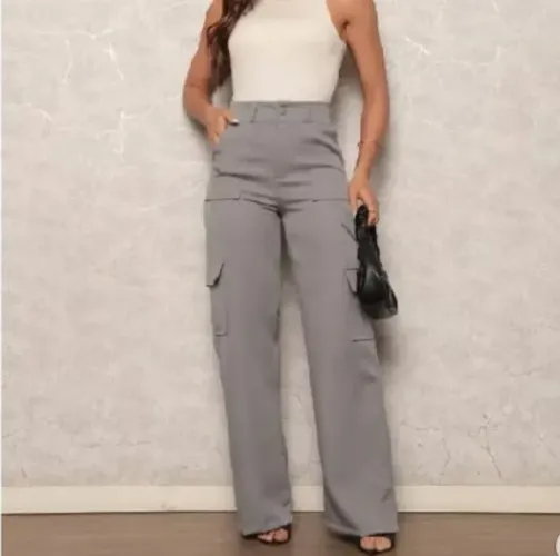 Calça pantalona Feminina em Alfaiataria Cargo wide legal casual para Trabalho 