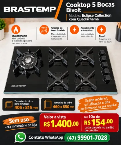 Cooktop NOVO/fogão de mesa Brastemp 5 bocas, quadrichama, acend. Automático, sem uso