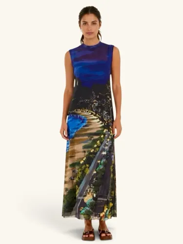 FARM novo P. vestido longo em tule Noite Carioca