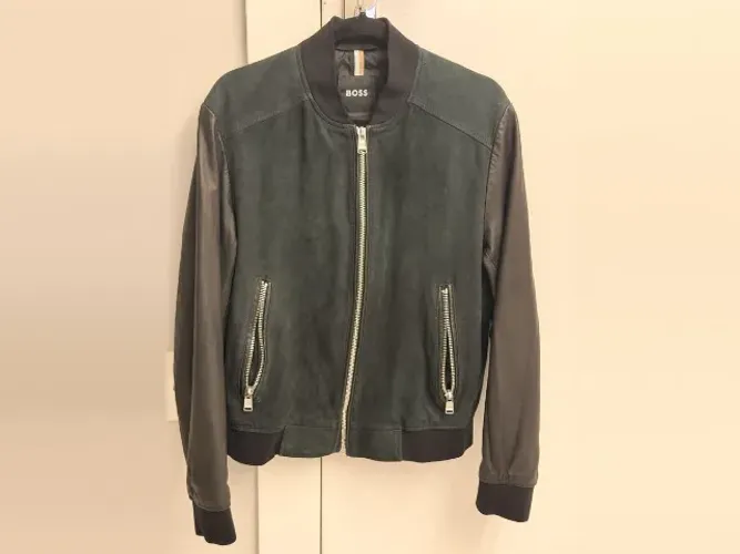 Jaqueta BOSS Malbano bomber de camurça e couro, preta, tamanho 48 (M), original