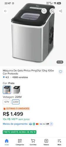Maquina de gelo da Philco modelo PMG010I