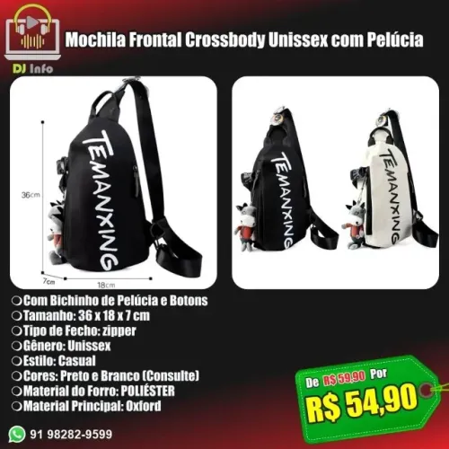 Mochila Frontal Crossbody Unisex com Pelúcia