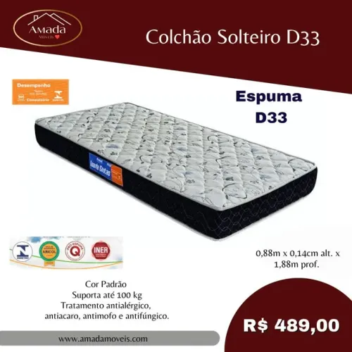 Colchão solteiro D33 , Entrega  em 3 dias 
