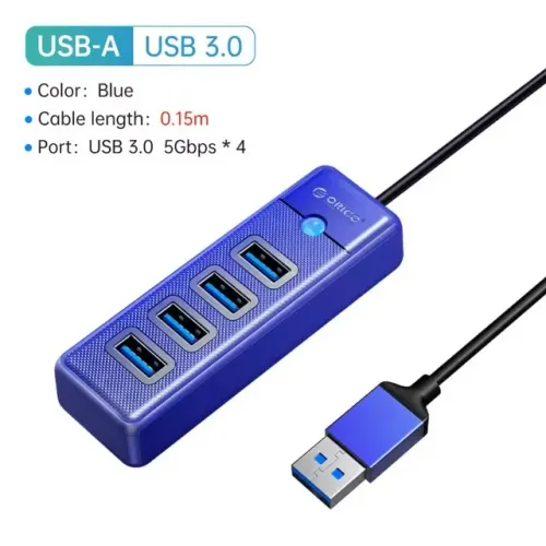 Hub USB 3.0 Orico Azul com 4 portas 5 Gbps para PC e Notebook - 15cm