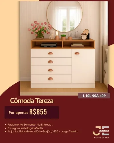 Cômoda amadeirada e branca em mdf