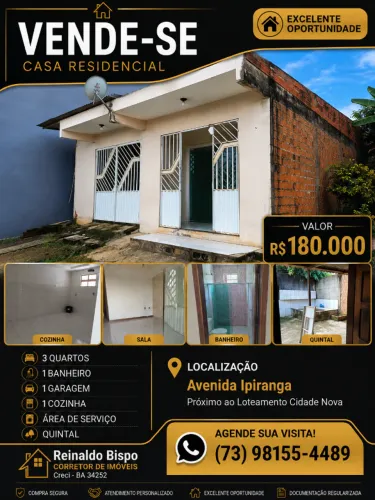 Vende-se Casa 3/4 Quartos | Garagem | Quintal | Próximo ao Cidade Nova
