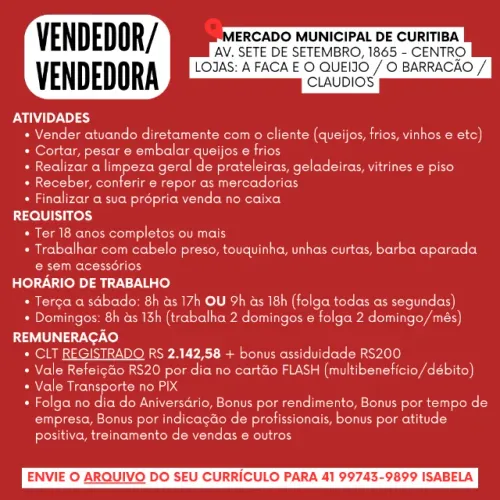 Queijista / Vendedor / Vendedora (sem experiência) no Mercado Municipal (Centro)