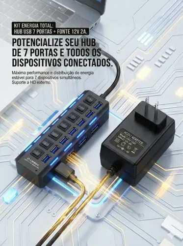 Hub USB 7 portas e fonte 12v 2a