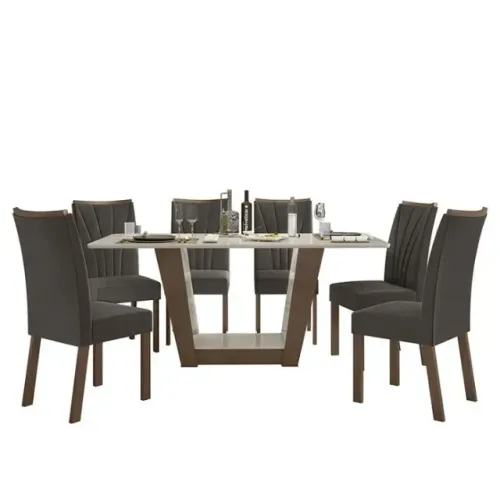 Mesa de Jantar com 6 Cadeiras Veludo Marrom