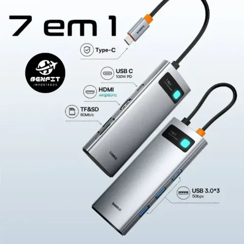 Hub Adaptador Baseus 7 em 1 Usb C Para 1xHdmi 4k@60Hz 3xUsb-A3.0 1xSd/Tf 1xUsb-C Pd 100W