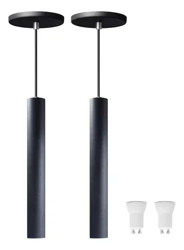 Kit 2 Pendente Tubo Cilindro Alumínio Preto 30 Cm + Led Luz Quente 3000k