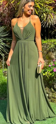 VESTIDO LONGO DE FESTA VERDE OLIVA ARRAZO