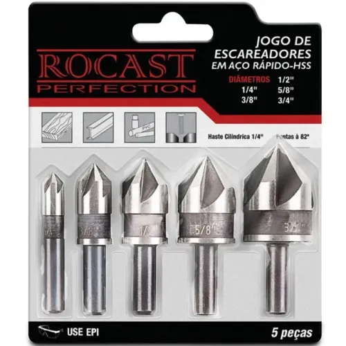 JOGO DE BROCA ESCAREADOR C/ 5 PEÇAS 1/4 A 3/4 - ROCAST