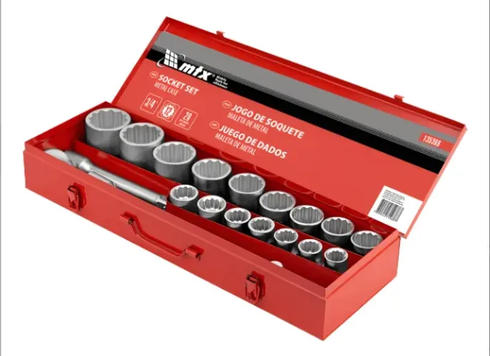 JOGO DE SOQUETE ESTRIADO, ENCAIXE 3/4 POL 19 - 50 MM 20 Pc CAIXA DE METAL MTX