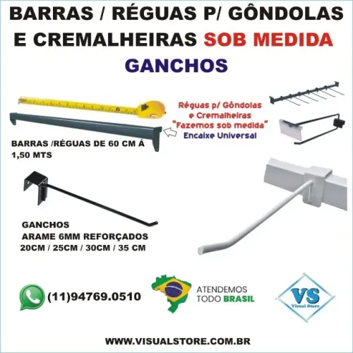 Barra Réguas Gancheiras para Gôndolas e Cremalheiras Fazemos sob medida Branca ou Preta
