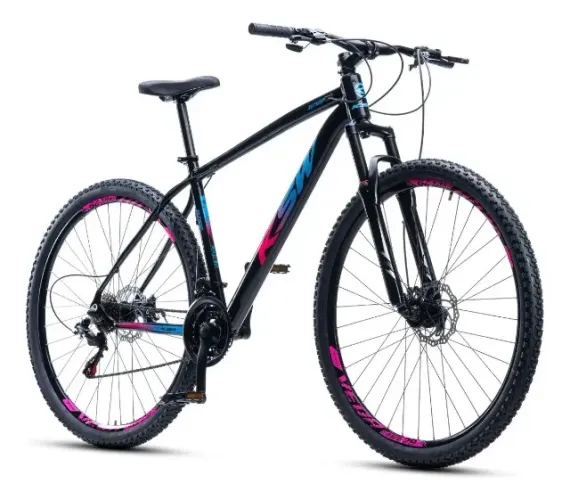 BICICLETA KSW ARO 29 - PRETA COM DETALHES ROSA E AZUL