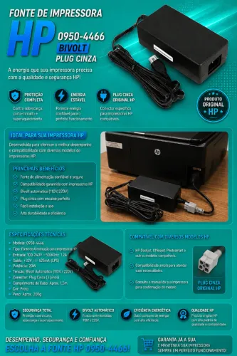 Fonte De Impressora HP 0950-4466 Bivolt Plug Cinza