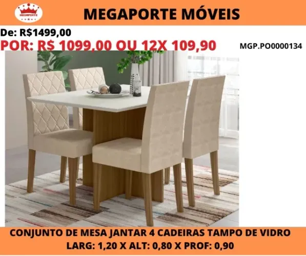 MESA DE JANTAR C/TAMPO DE VIDRO 4 LUGARES