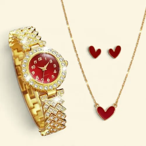 Kit Relógio Vermelho Glamour com Acessórios de Coração
