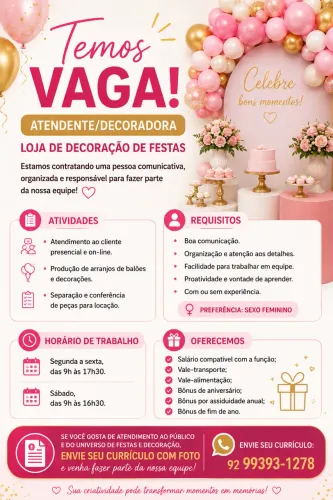 VAGA PARA LOJA DE FESTAS/ DECORAÇÃO NO PARQUE DEZ