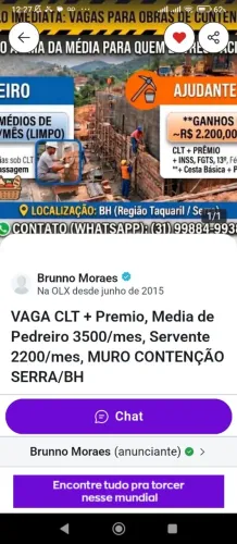Vaga servente e pedreiro.inicio imediato