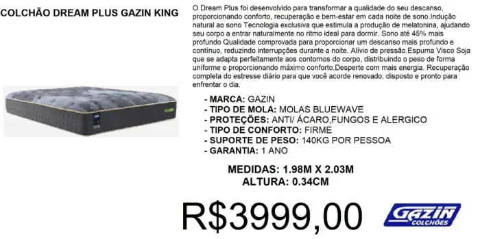 Colchão king molas gazin dream plus - parcelamento até 12X sem juros