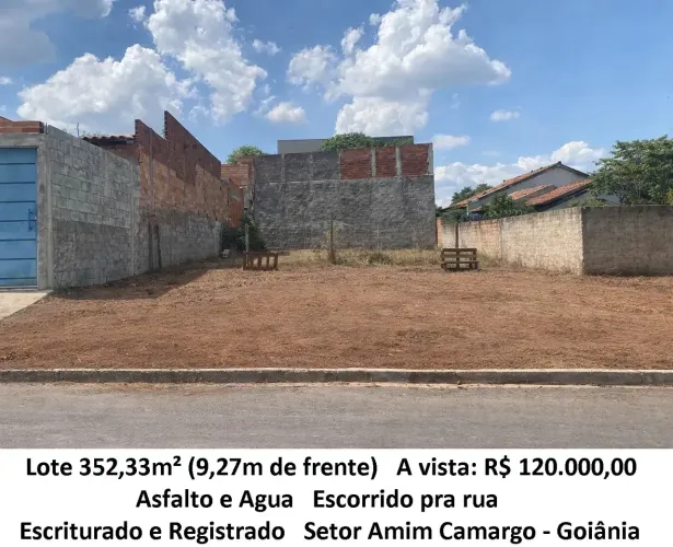 Leia a descrição: Lote 352,33m² (Asfalto e Agua) Setor Amim Camargo