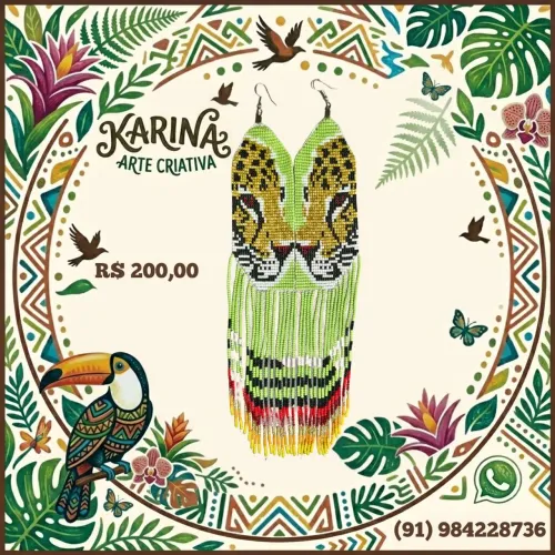 Brinco Artesanal de Miçanga Onça Pintada