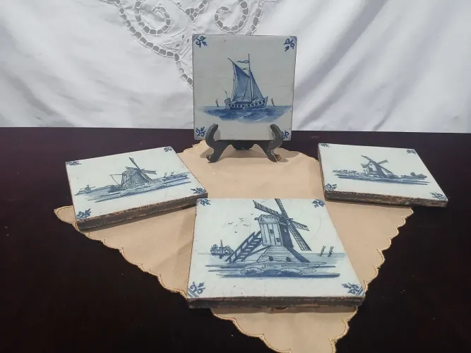 Antigos Azulejos Ceramica Delft Holand Barco e Moinhos