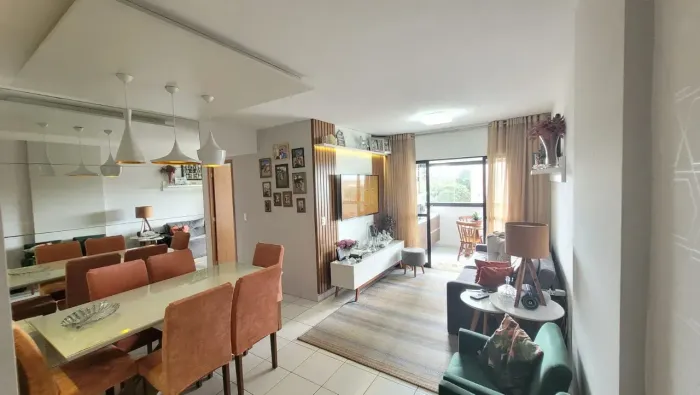 Apartamento com 75m², 3 quartos, 1 suíte, sala de estar, sala de jantar, varanda, sombra e