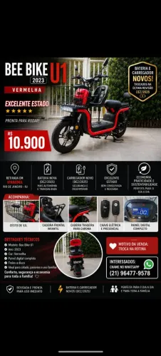 Bee Bike U1 2023 Vermelha | Bateria e Carregador Novos | Excelente Estado
