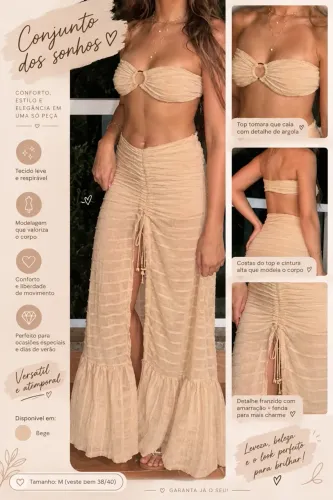 Conjunto bege cropped + saia longa franzida com fenda (Tam. M- 38)