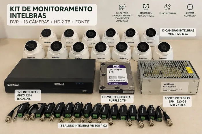 KIT DE MONITORAMENTO INTELBRAS - DVR 16 CANAIS + 13 CÂMERAS + HD 2 TB + FONTE