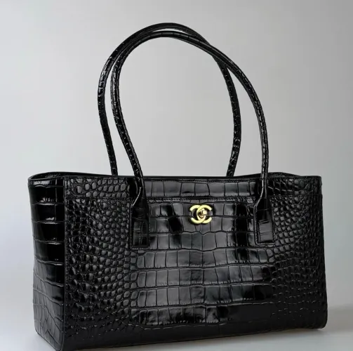 Bolsa versão italiana coco chanel couro legítimo preto verniz impressão de crocodilo