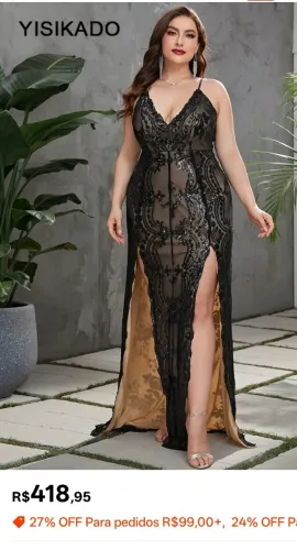 VESTIDO SENSUAL COM FENDA E DECOTE PLUS SIZE FESTA 4XL 50 PAETES RENDA SHEIN