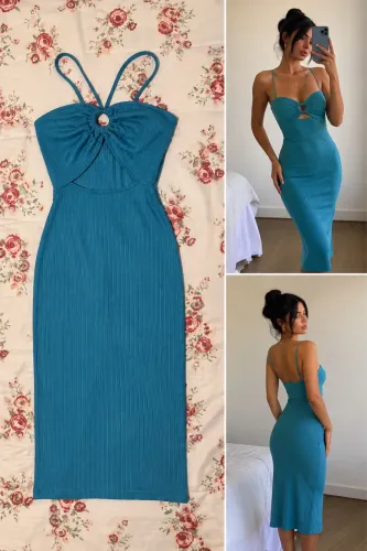 Vestido azul turquesa midi com recortes tamanho único