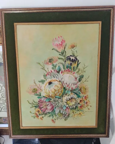 Pintura Vintage  a Oleo Flores da pintora australiana Lois Campbell 