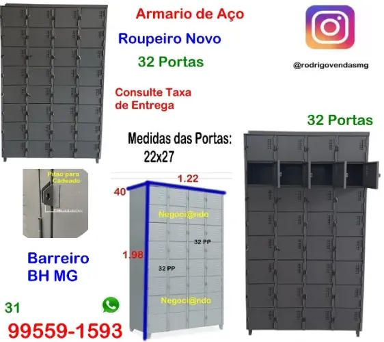 Escaninho Armario de Aço 32 Portas roupeiro Volume Industria Academia Vestiário comercio