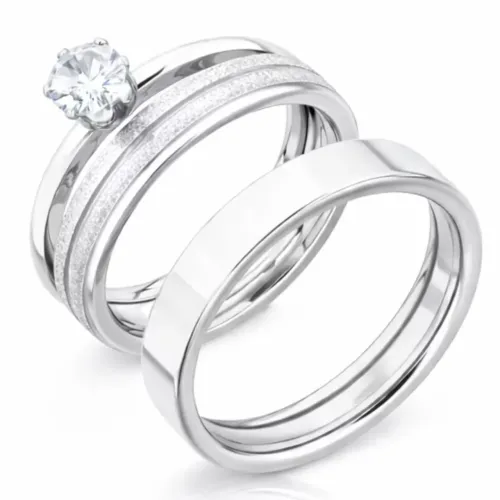 Par de Alianças Reta Tradicional 4mm, Diamantada 4mm+ Solitária. Namoro, Prateado Aço Inox