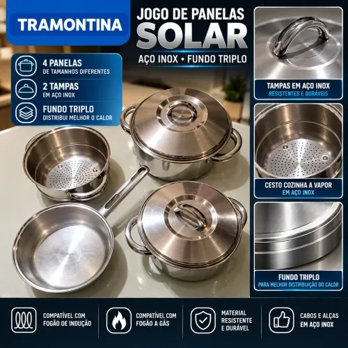 Jogo de Panelas Tramontina Solar Inox Fundo Triplo - 4 Peças