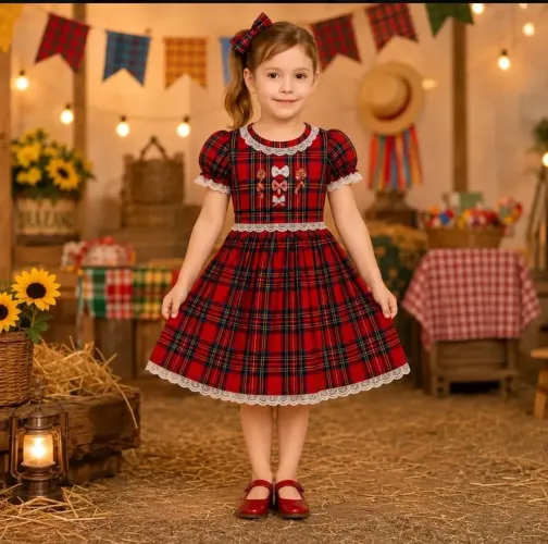 Vestido Festa Junina Infantil Xadrez 60cm Com Renda E Laço Vermelho Unico