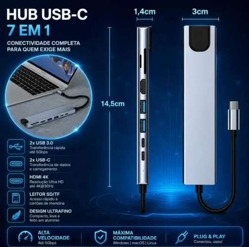 Hub 8 Em 1 Multifuncional Usb-c Tomate Hdmi