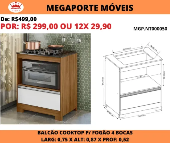 Balcão Cooktop 1 Gaveta P/ Fogão 4 Bocas