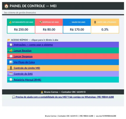 Planilha/Sistema Financeiro Completo para MEI (Excel) - com Relatório Obrigatório (RMR)